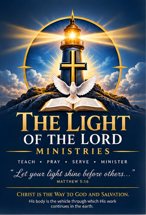 The approved Light of the Lord Ministries lighthouse, cross, dove, open Bible, waves, and light rays identity